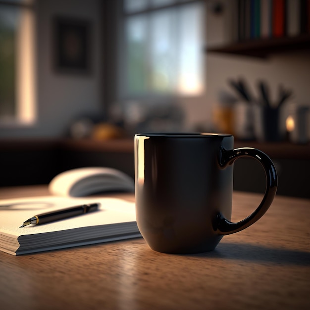 A cup of coffee sits on a table next to a book and pen.