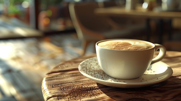 a cup of coffee sits on a table in a cafe