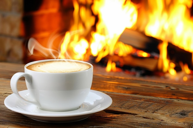 a cup of coffee sits on a table next to a fireplace