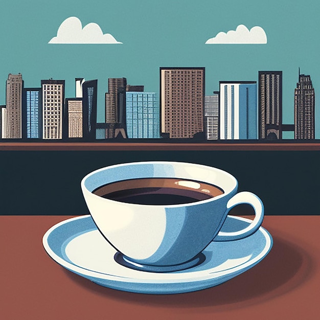 a cup of coffee sits on a table in front of a cityscape