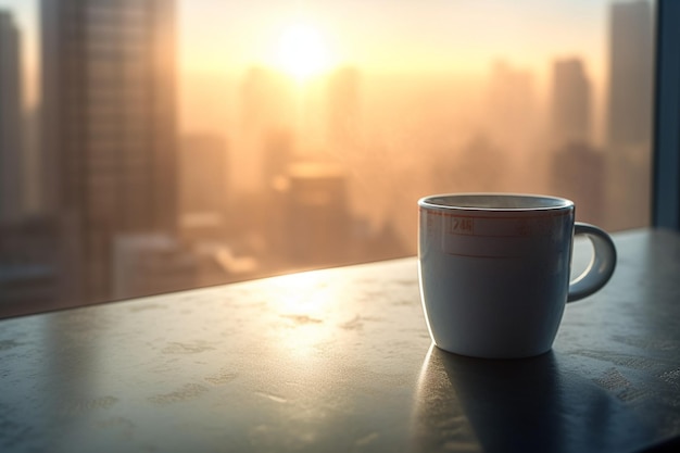 A cup of coffee sits on a table in front of a cityscape.