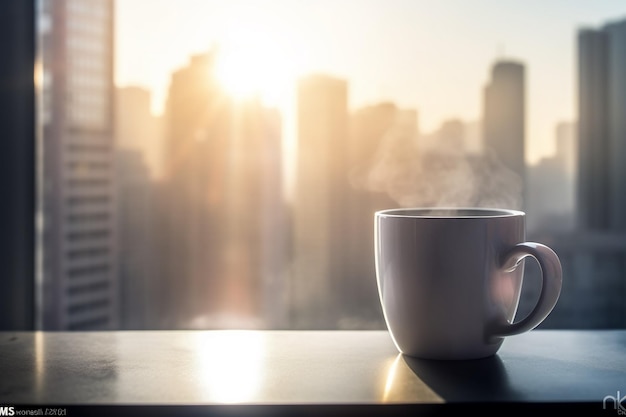 A cup of coffee sits on a table in front of a cityscape.