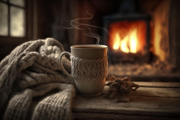 A cup of coffee sits on a table in front of a fire.