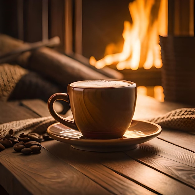 A cup of coffee sits on a table in front of a fireplace with a fire in the background.