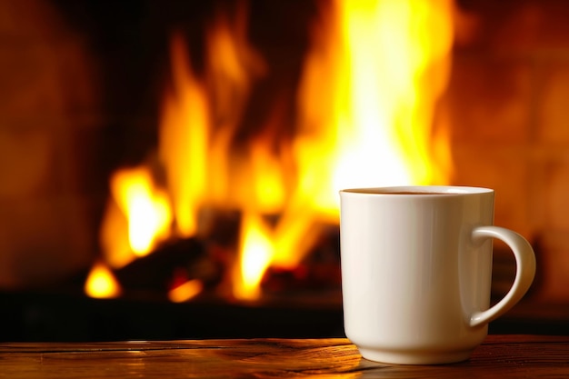 a cup of coffee sits on a table in front of a fireplace