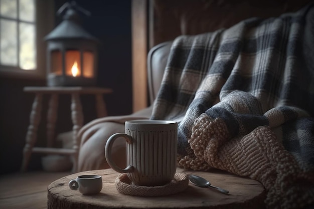 A cup of coffee sits on a table in front of a lamp with a blanket on it.