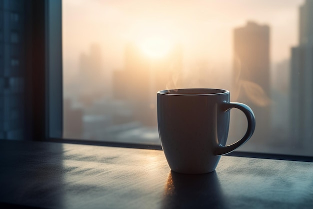 A cup of coffee sits on a table in front of a window with the city in the background.