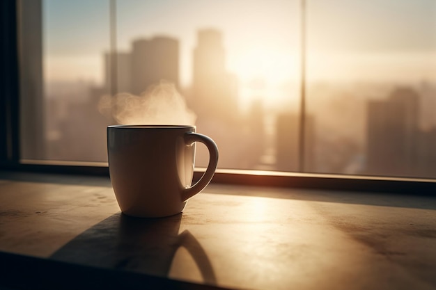 A cup of coffee sits on a table in front of a window with a cityscape in the background.