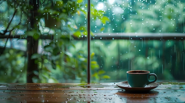 a cup of coffee sits on a table in front of a window