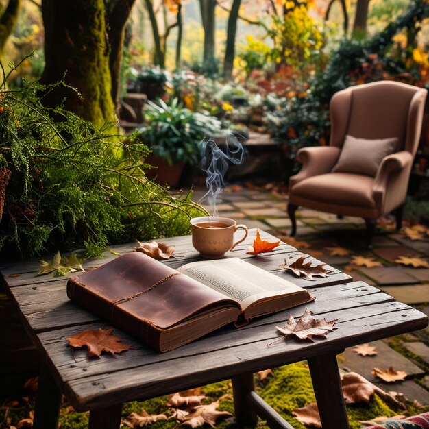 Photo a cup of coffee sits on a table in a garden