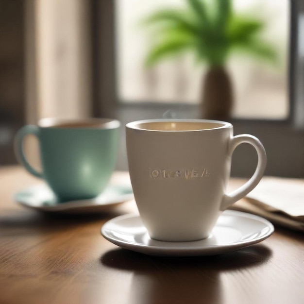 Photo a cup of coffee sits on a table next to a green cup of coffee