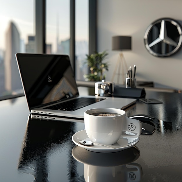 Photo a cup of coffee sits on a table next to a laptop