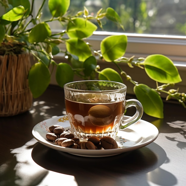 A cup of coffee sits on a table next to a plant.