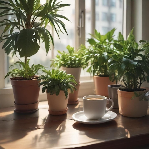 a cup of coffee sits on a table next to a potted plant