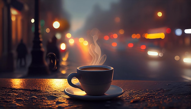 A cup of coffee sits on a table in the street with a blurred background of cars.