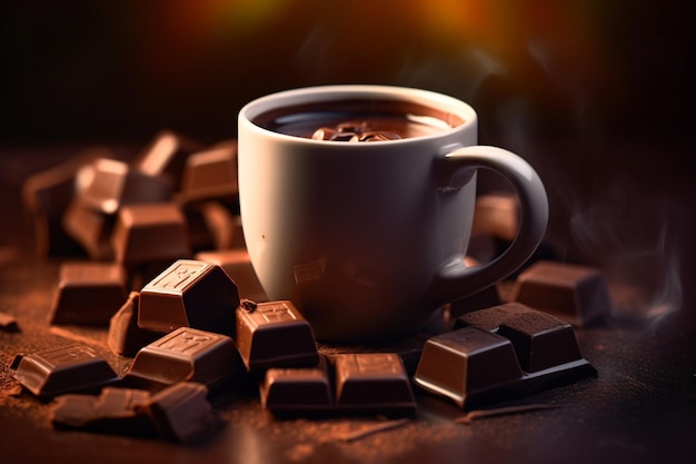 A cup of coffee sits on a table surrounded by chocolate bars.