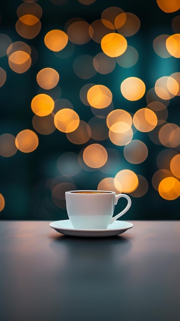 Photo a cup of coffee sits on a table with a blurry background of lights