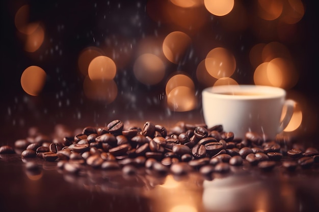 A cup of coffee sits on a table with coffee beans in the rain.