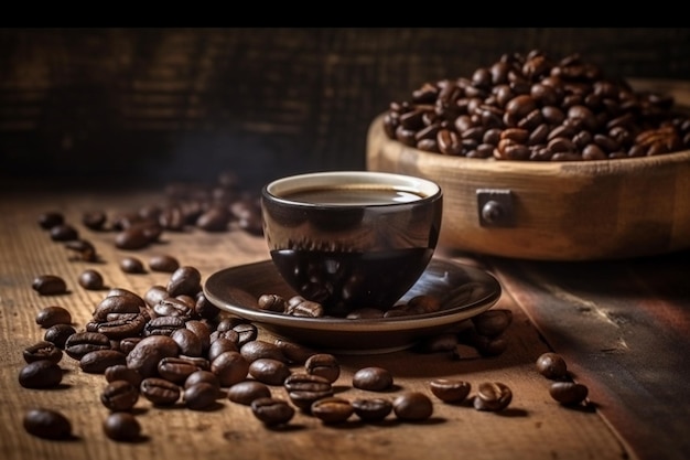 A cup of coffee sits on a table with a pile of coffee beans in the background.