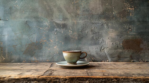 a cup of coffee sits on a table with a plate of tea