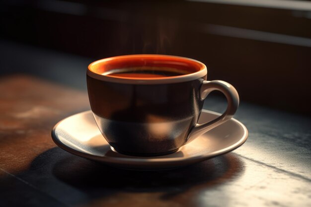 A cup of coffee sits on a table with a saucer that says'coffee'on it