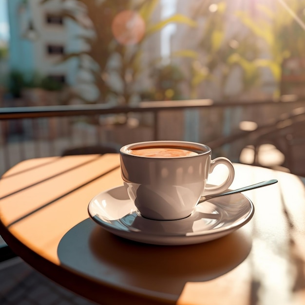 A cup of coffee sits on a table with a spoon on it.