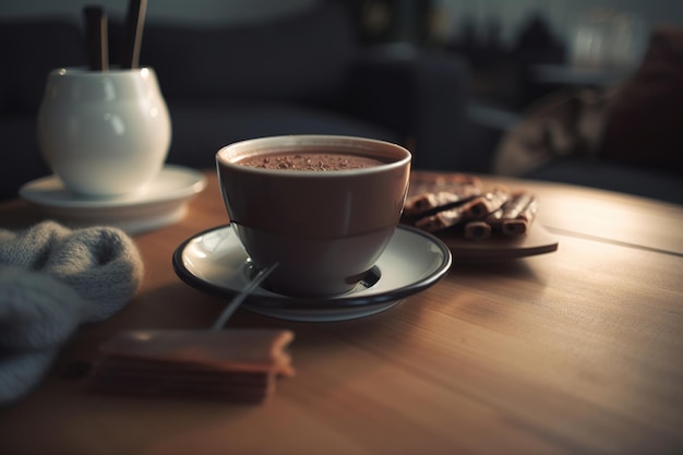 A cup of coffee sits on a table with a stack of cookies and a plate of cookies.