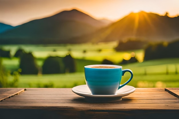 a cup of coffee sits on a table with the sun setting behind it