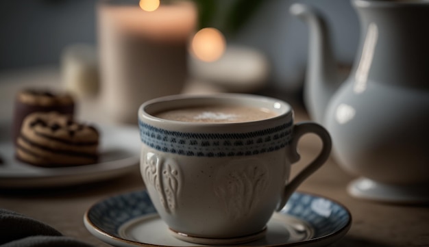 A cup of coffee sits on a table with a teapot and a teapot in the background.