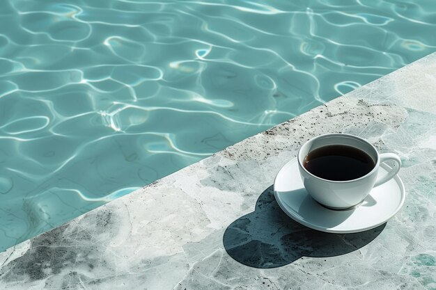 A cup of coffee sits on top of a saucer placed next to a sparkling swimming pool creating a refreshi