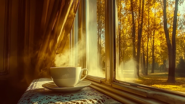 Photo a cup of coffee sits on a window sill with the sun shining through the curtains