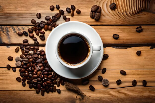 A cup of coffee sits on a wooden table next to coffee beans.