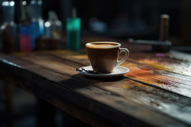 A cup of coffee sits on a wooden table in a dark room.