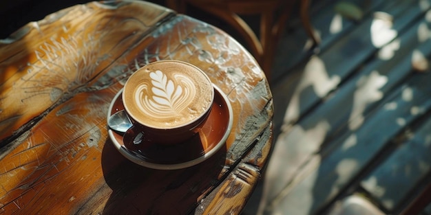 A cup of coffee sits on a wooden table perfect for morning routine or workspace