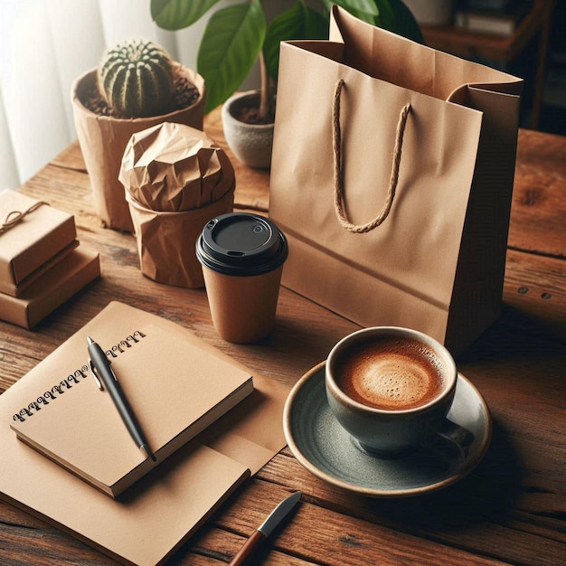 a cup of coffee sits on a wooden table with a pen and a cup of coffee