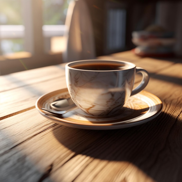 A cup of coffee sits on a wooden table with a saucer and a small plate that says " coffee ".