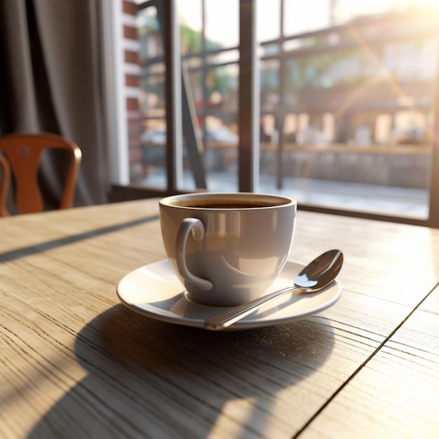 A cup of coffee sits on a wooden table with a spoon on it.