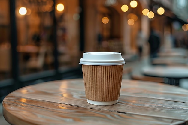 a cup of coffee sits on a wooden table