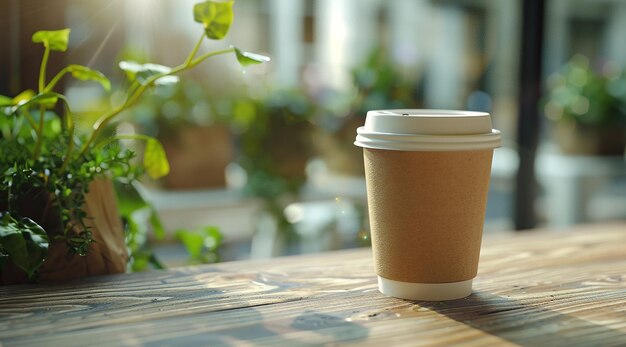 a cup of coffee sits on a wooden table