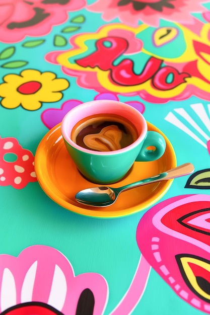 A cup of coffee sits on a yellow and green plate with a spoon next to it