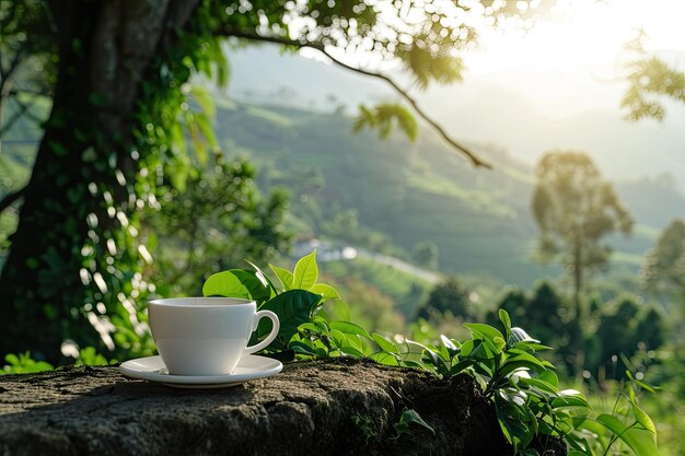 Photo a cup of coffee sitting next to a tree refreshing moments in nature with trees and the aroma of tea or coffee