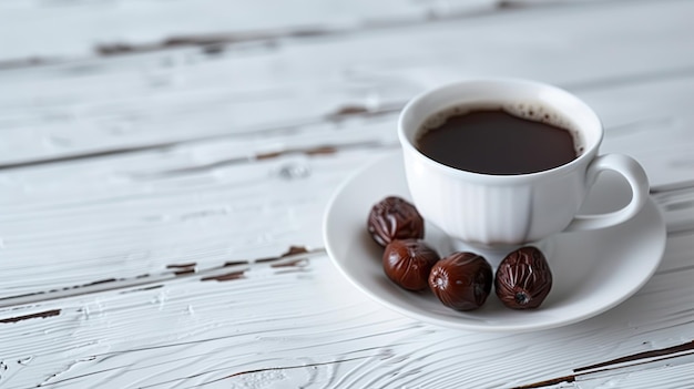 a cup of coffee and some dates in saucer on white wooden table