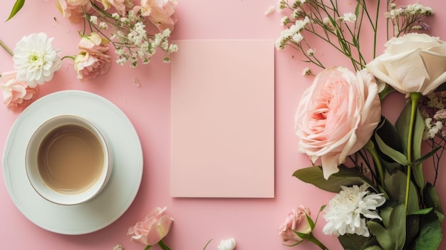 A Cup of Coffee and Some Flowers on a Pink Surface