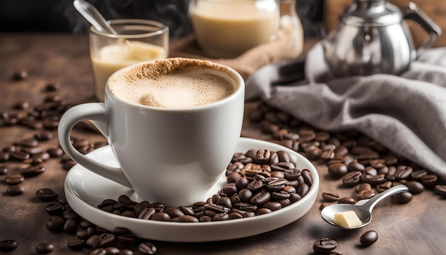 a cup of coffee and a spoon of coffee on a table