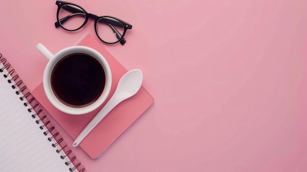 a cup of coffee and a spoon on a pink table