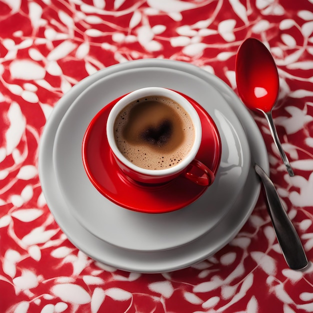 a cup of coffee and a spoon on a red and white tablecloth