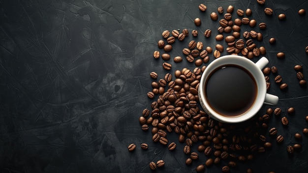 A cup of coffee surrounded by coffee beans