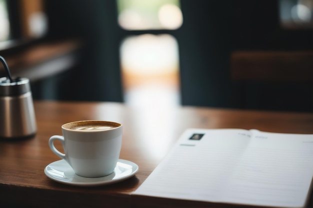 A cup of coffee on a table in a cafe at lunchtime at work Generative AI