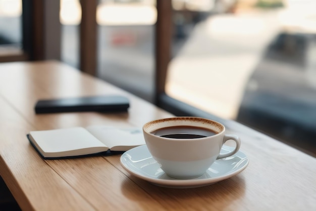 A cup of coffee on a table in a cafe at lunchtime at work Generative AI