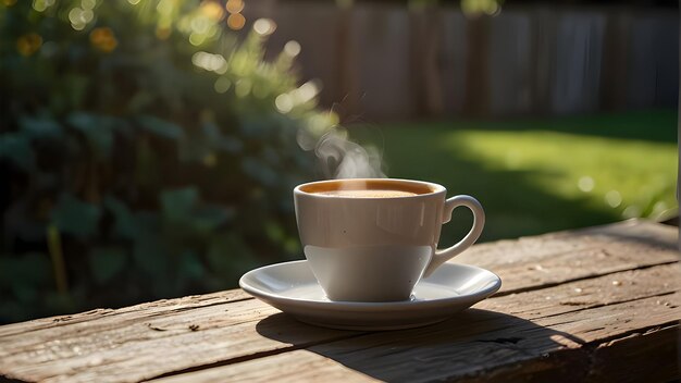 a cup of coffee on a table outside with a cup of coffee